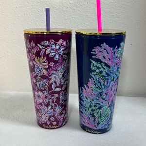 Lilly Pulitzer Tumblers (2) Cups with Straw Coral Reef & Floral BPA-Free